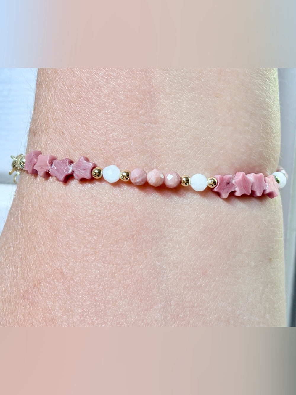 Delicate pink Rhodonite stars & bead Bracelet,Moonstone beads,gold spacers.7”-8”
